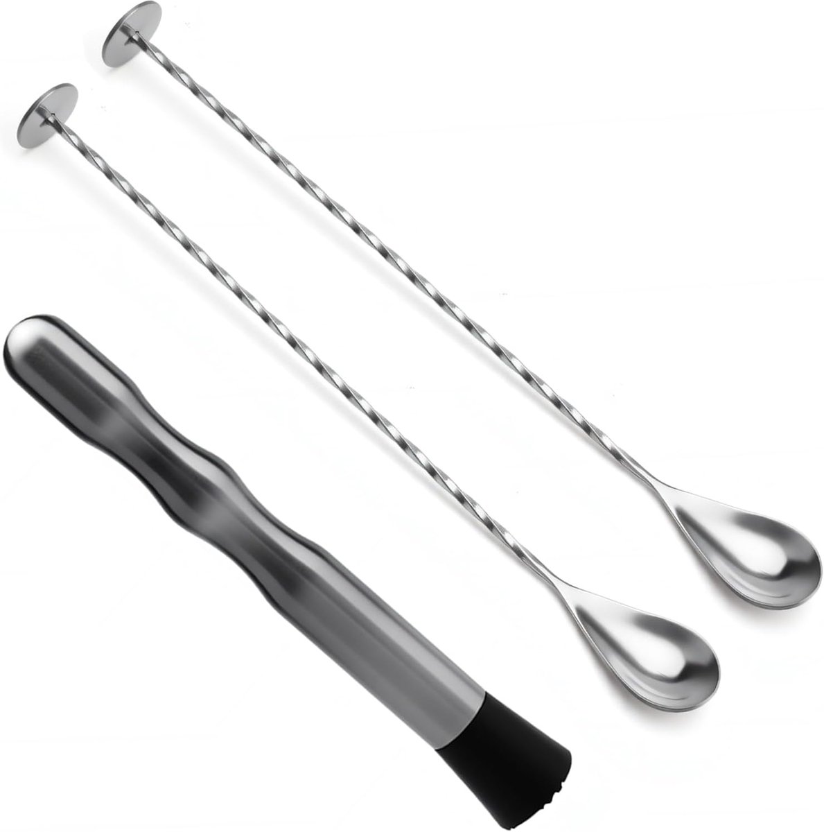 SnelShoppen - 3 Koffielepels met Cocktailpestle, Cocktail Lepel - Lange Lepel van 304 RVS voor Cocktails, Keukenaccessoire voor Feestjes en Thuisgebru