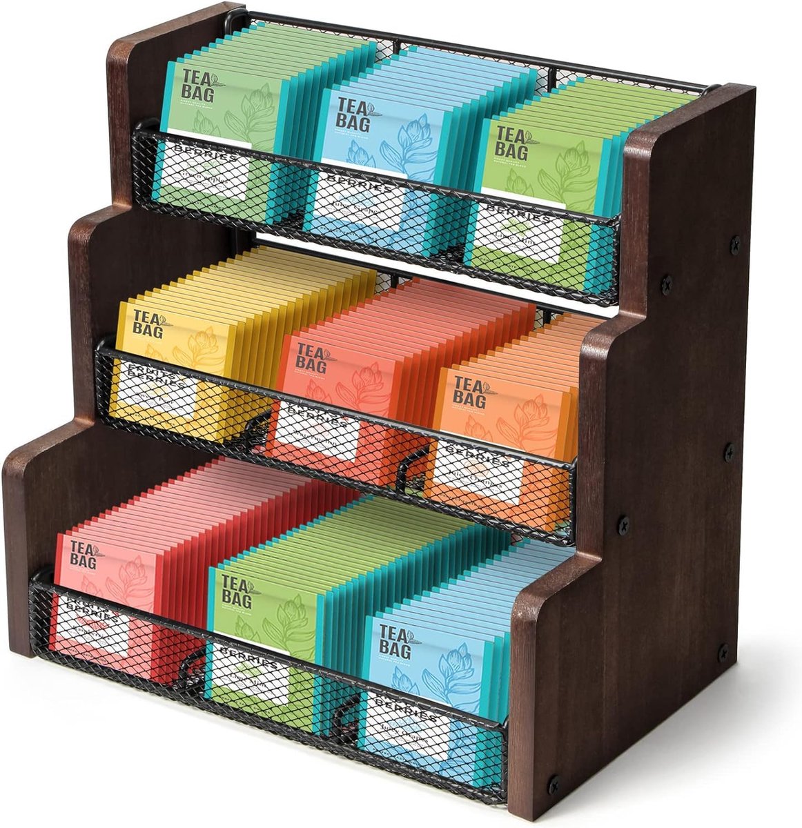 Omgoods- Theezakjeshouder 3-laags - Massief Houten Opbergdoos - Organizer Box voor Keuken - Suiker Pakketjes Houder - Kantoor Gebruik - Zwart - Theezakjesbox