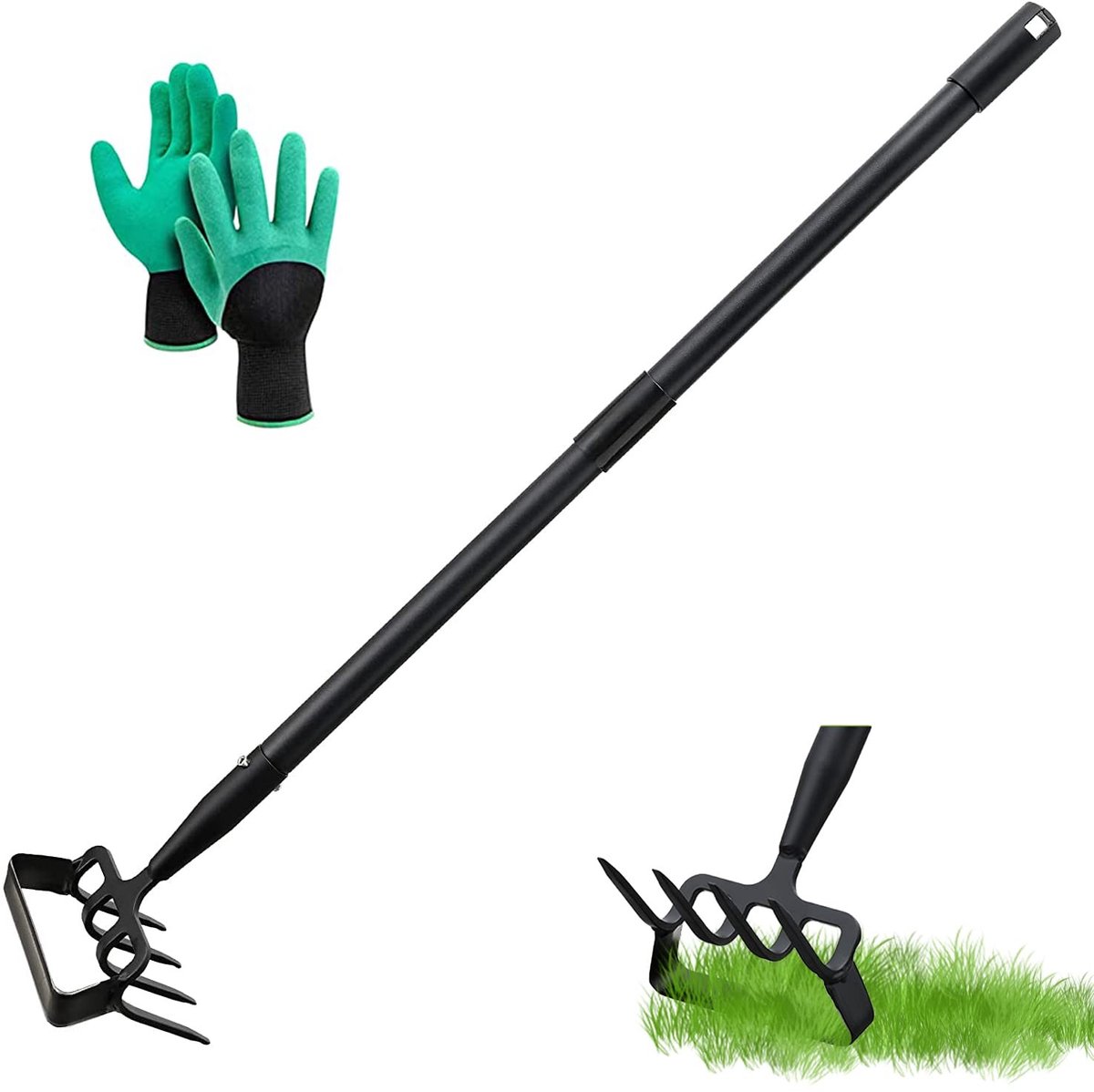 Omgoods- Gartenhacke 170cm - Steigbügel/Hacke - 4-Zahn Spike/Hark - Roestvrij Staal - Handgereedschap - Verstelbare Actie - Tuinhak