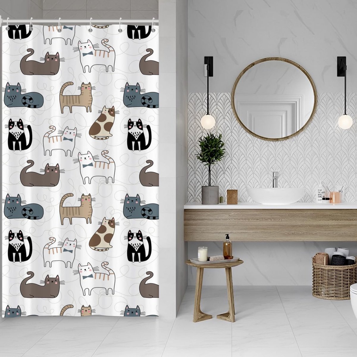 Omgoods - Smalle Douchegordijn met Schattige Cartoon Kat - 120 x 200 cm