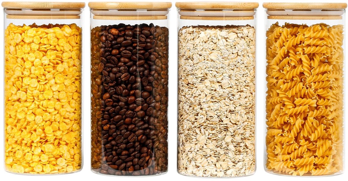 Omgoods - Set van 4 Luchtdichte Glazen Potten 1200 ml voor Droge Producten