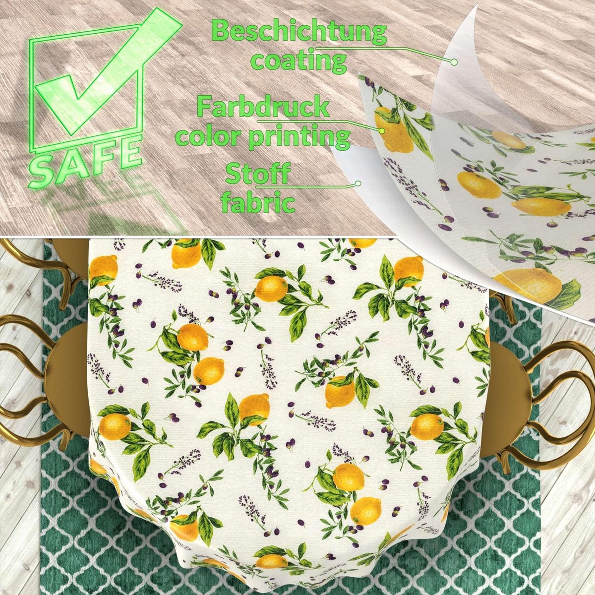 Omgoods - Wasbaar Tafellaken met Citroen- en Bloemenprint 180 x 140 cm