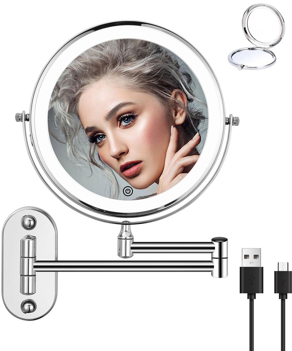Omgoods - 360° Draaibare LED Verlichtingsspiegel met 1x/10x Vergroting