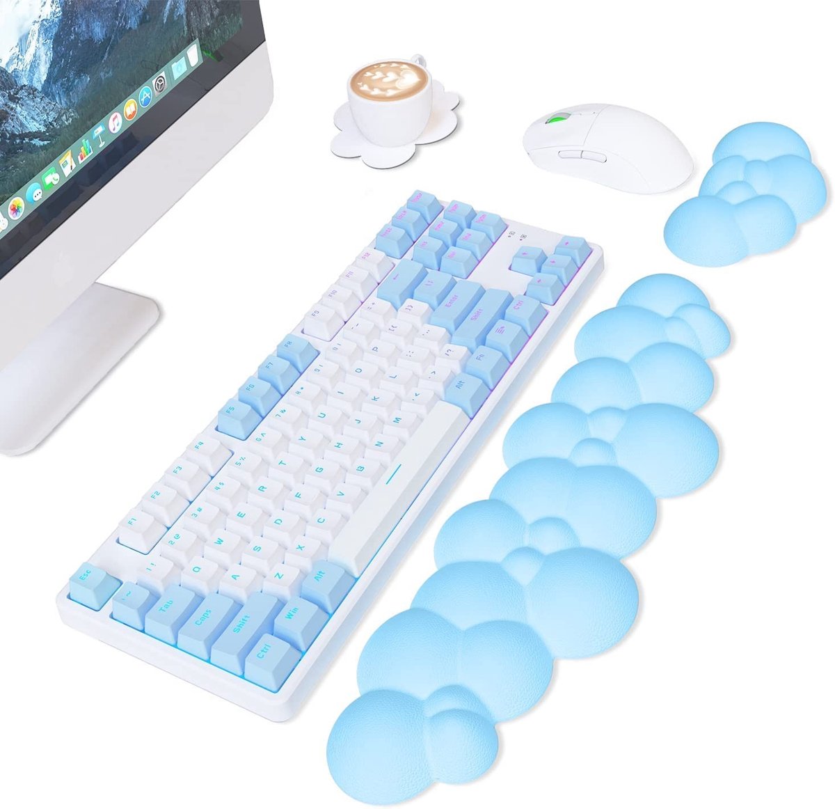 Omgoods - Cloud Toetsenbord Polssteun & Muismat Set - Ergonomisch Geheugenfoam met Antislip - Blauw