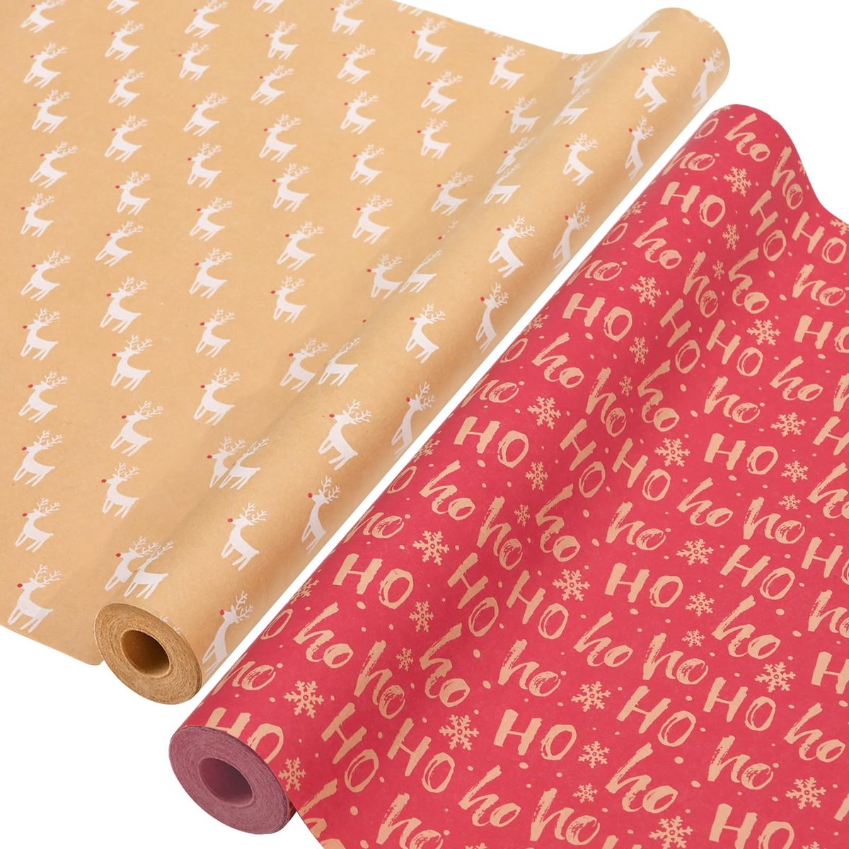 Omgoods - 2 Rollen Kerst Cadeaupapier - Recyclebaar Kraftpapier 43cm x 15m