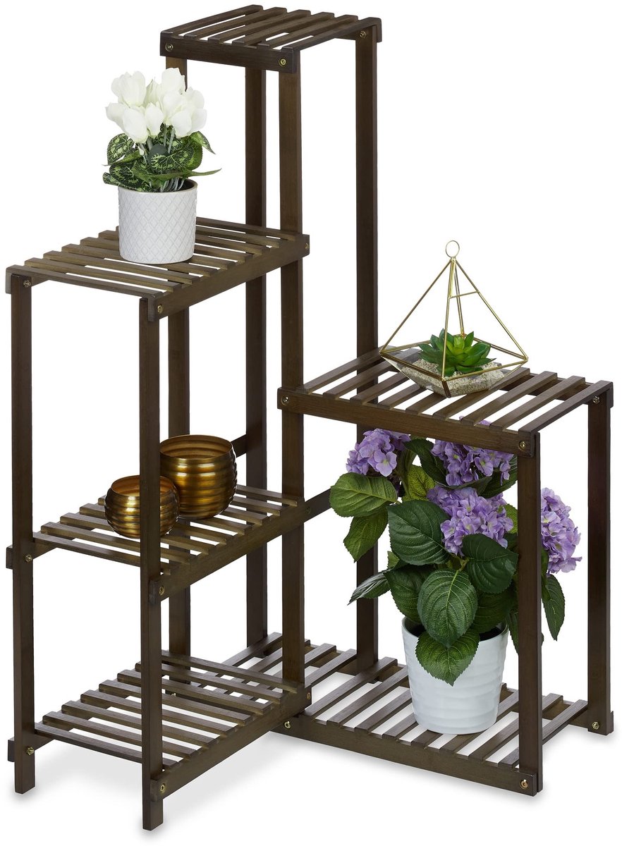 Omgoods - Hoekplantrek met 6 Niveaus, Plantstandaard voor Binnen, Donkerbruin