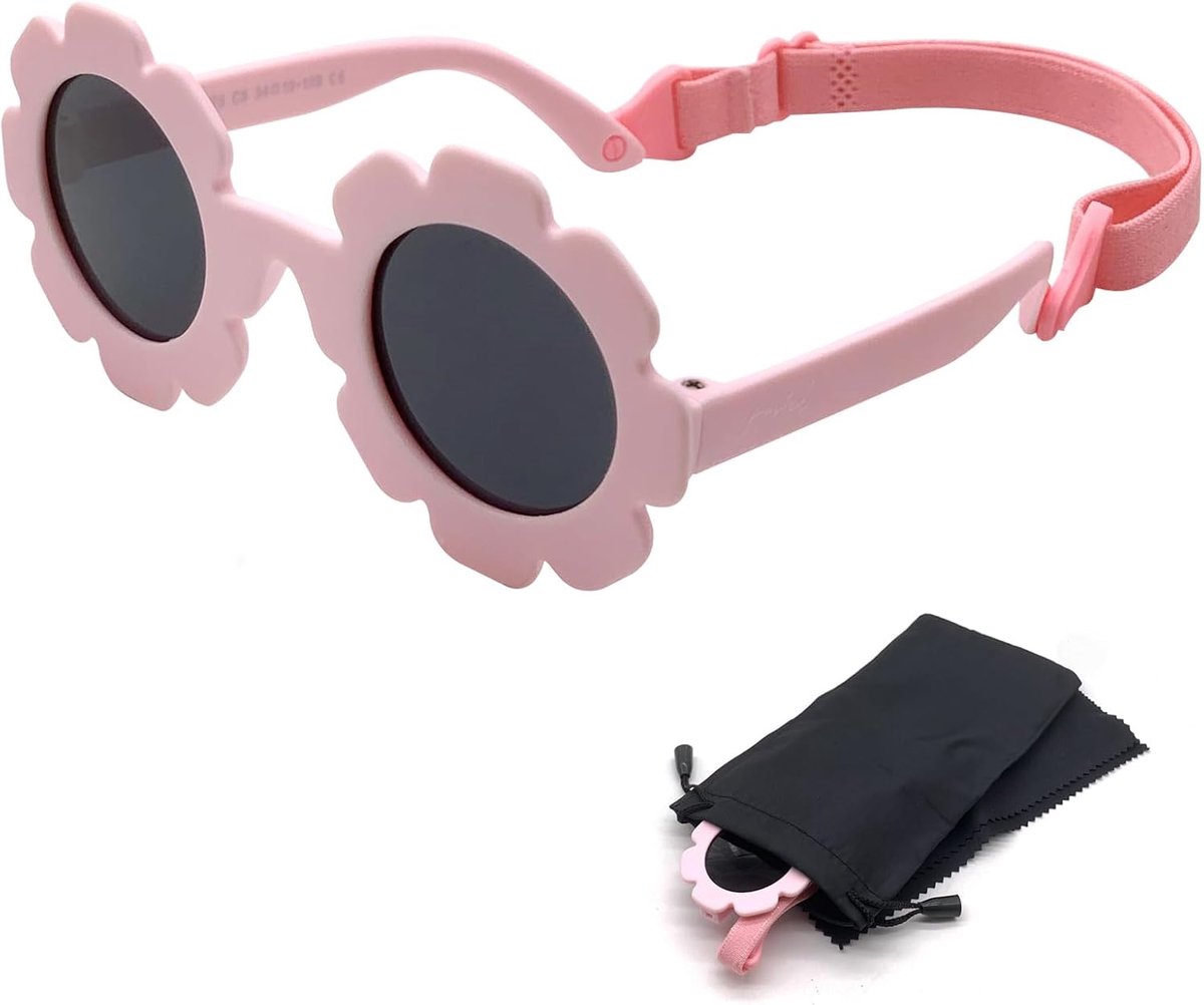Zonnebril voor kinderen van 0-2 jaar, schattige bloemen-babyzonnebril met verstelbare riem, flexibele gepolariseerde meisjeszonnebril voor pasgeborenen, met zonnebrilvak en doek, roze