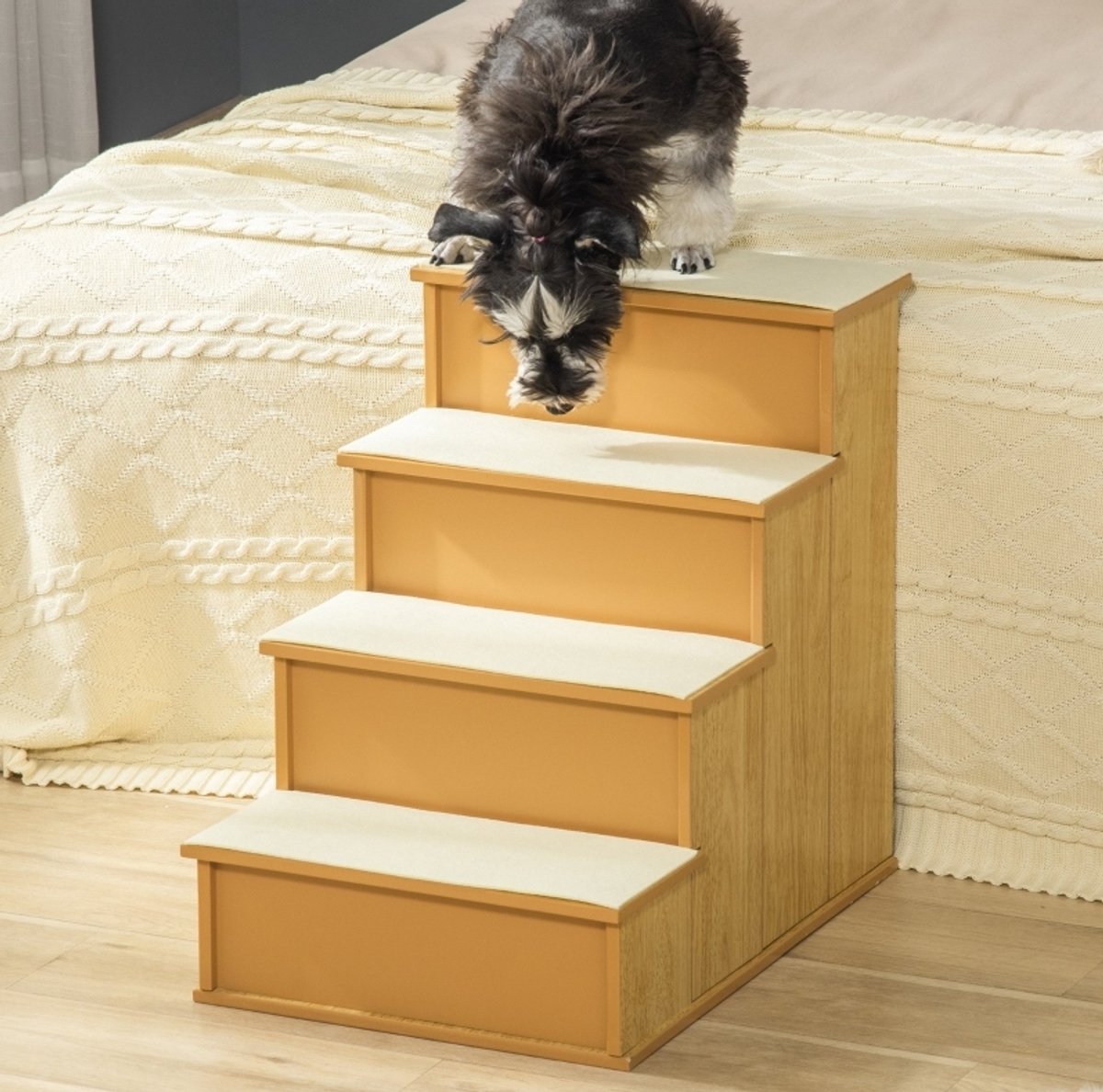 COVREO Huisdierentrap 4 treden 40 x 59 x 54,2 cm hout met pluche