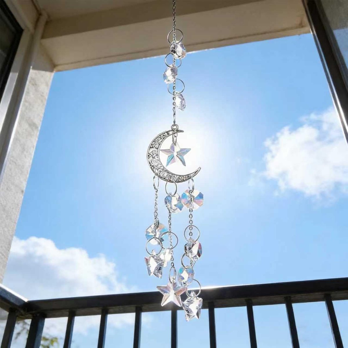 kristallen maan en ster zonnevanger, glazen raam opknoping ornament steentjes prisma's zonlicht regenboog maker voor huis tuin raam auto