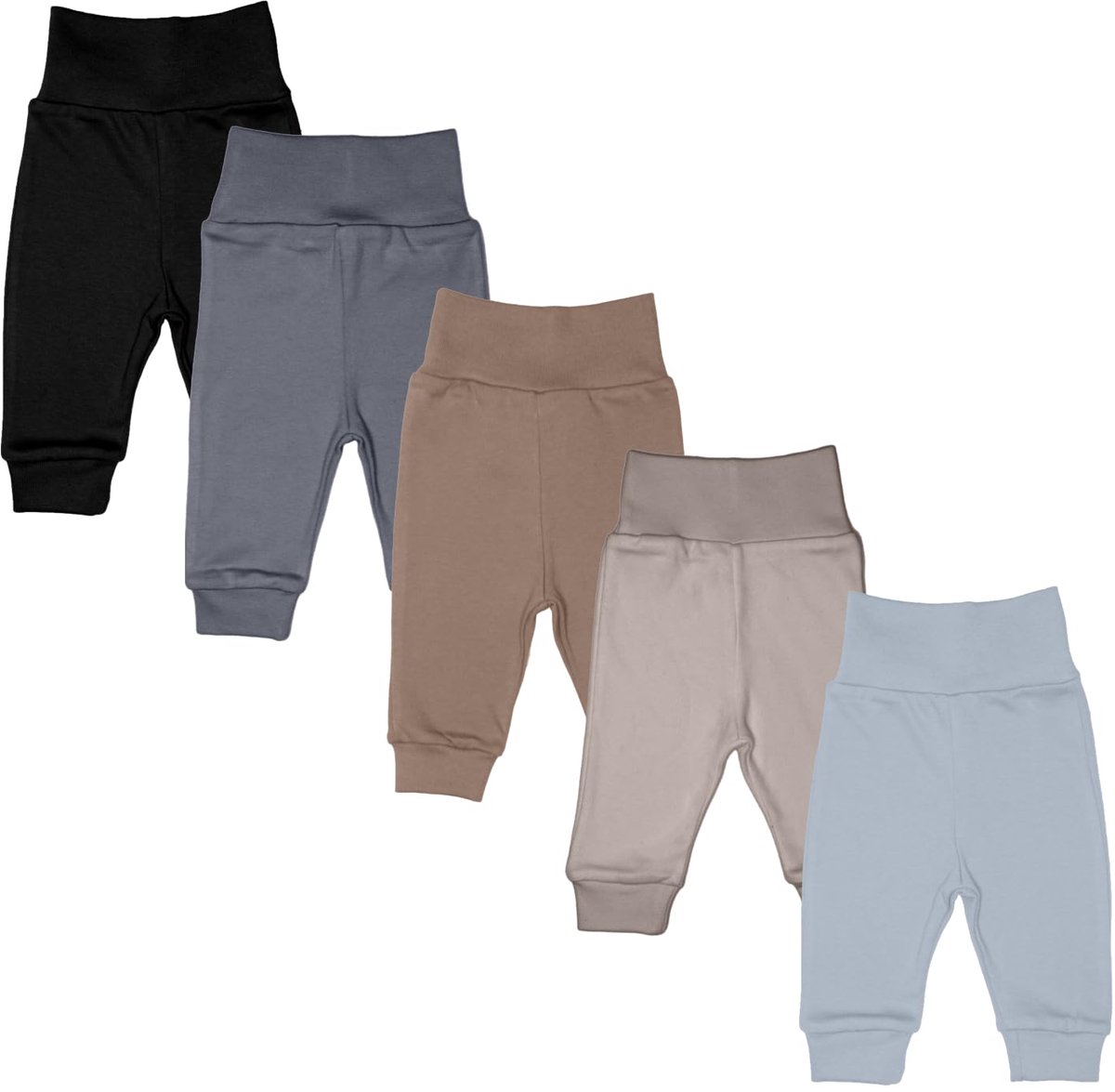SnelShoppen - Set van 5 uniseks babybroeken voor jongens en meisjes, 100% katoen pompbroeken met brede tailleband, zachte instapbroeken als eerste uit