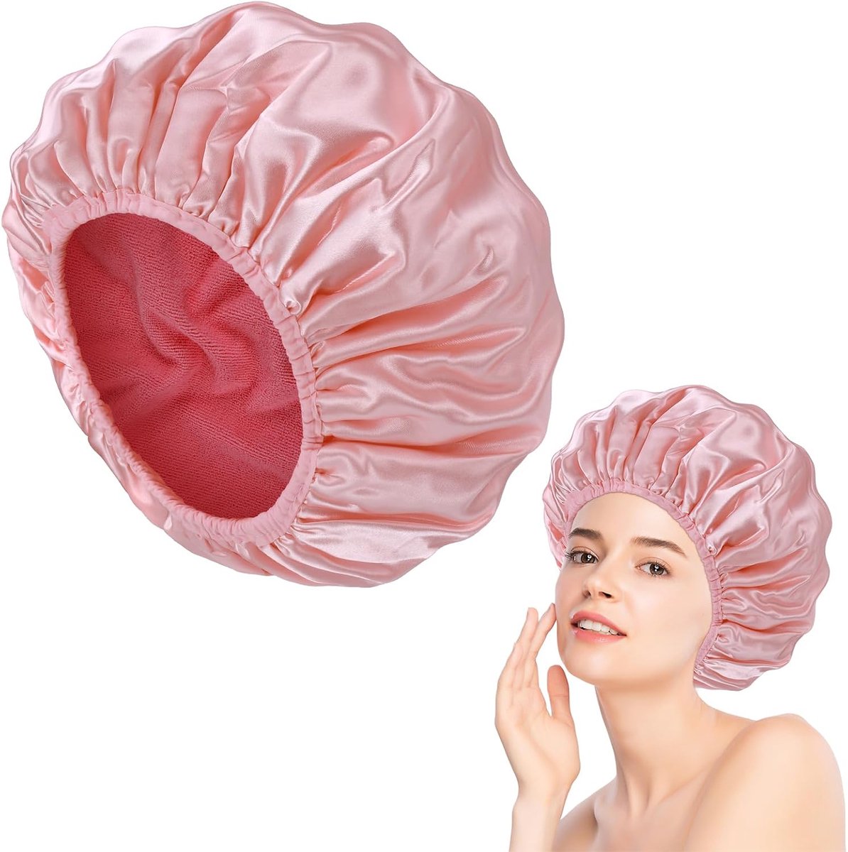 Douchemuts, waterdichte drielaagse douchemuts voor vrouwen met microvezelvoering, praktische badaccessoires, herbruikbare zachte haarwikkel voor lang haar (roze)