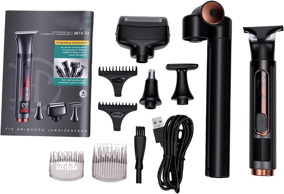 Elektrische Tondeuse Set - Bodygroomer Baardtrimmer - Persoonlijke Verzorging - Verstelbare Arm - 5 Geleidingskammen - Zwart