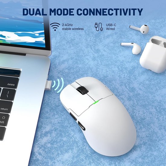 X AJAZZ AJ159 Draadloze Gaming Muis, Gaming Mouse voor Bedrade PC's 2.4G/USB - C, Oplaadbare Computermuis, Sensor PAW3395, 6 Instelbare DPI tot 26000 voor PC/Mac - Wit — afbeelding 3