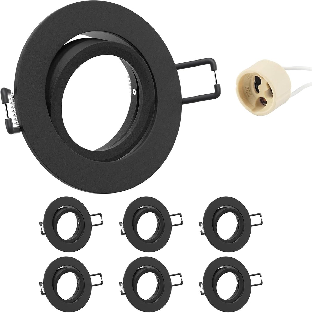 6 x GU10 inbouwspot, aluminium, draaibaar, zwart, inbouwspot, montageframe met GU10-fitting, ronde plafondspot 68 mm, extra plat, voor led, montagegat Ø 60-75 mm