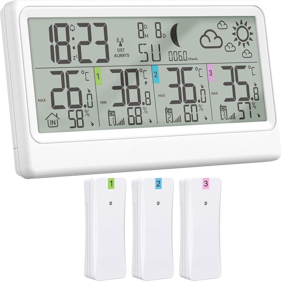 weerstation met 3 buitensensoren, binnen- en buitenthermometer, hygrometer, barometer, draadloos weerstation met 8,5” LCD-display, weersvoorspelling, maanfase, wekker, sluimerfunctie en RCC