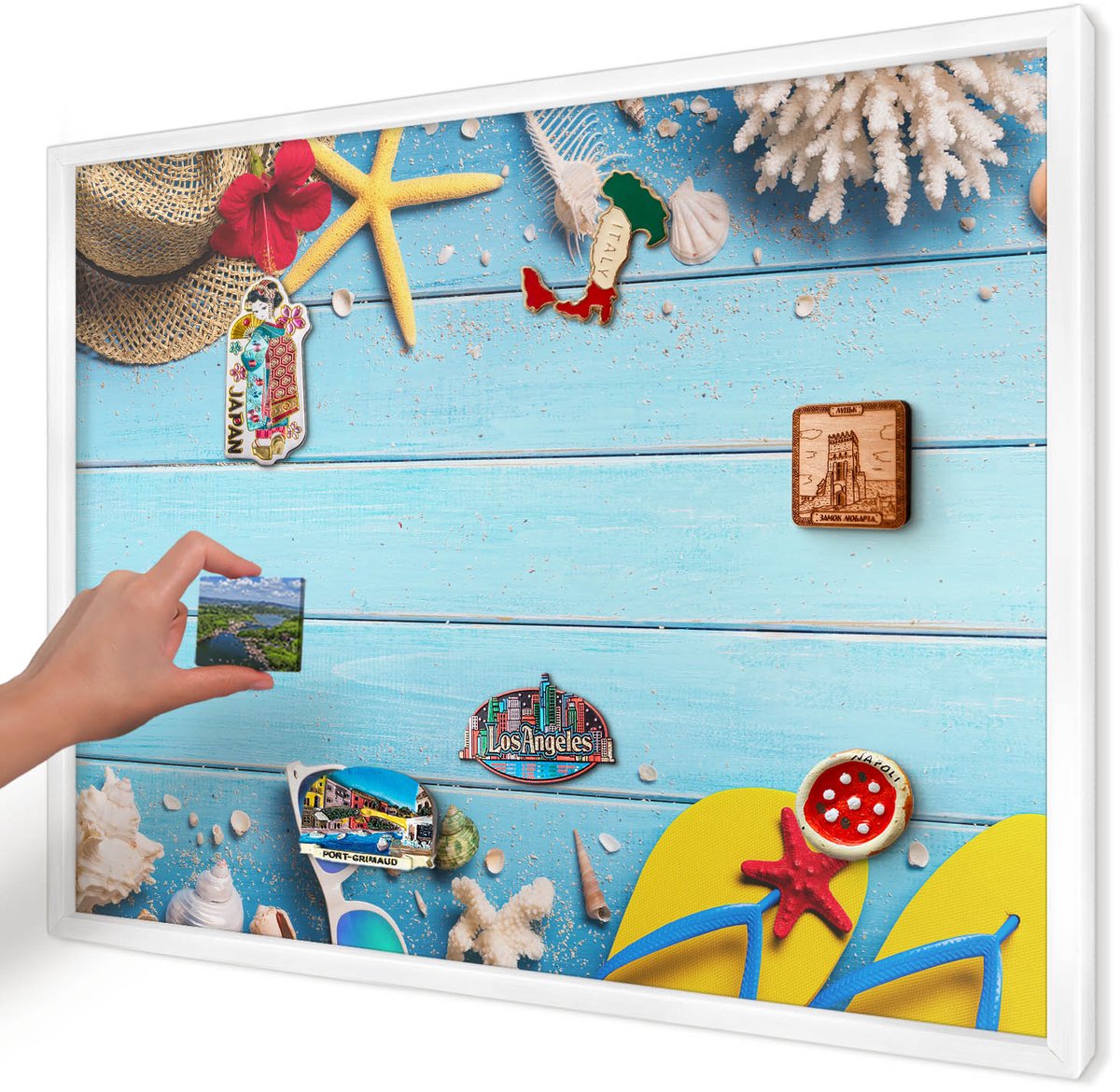 Artprintcave Blauw Magneetbord mit Witte Lijst - 70x50 cm - Vakantiestrand Bord Voor Magneten - Minimalist Wandbord Magnetisch - Natuur