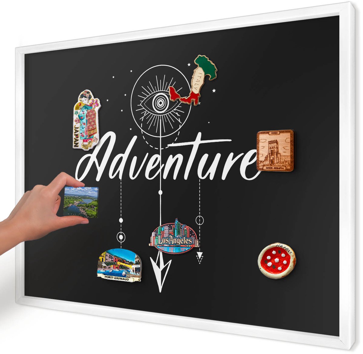 Artprintcave Zwart Magneetbord mit Witte Lijst - 70x50 cm - Avontuur Wacht. Bord Voor Magneten - Typografisch Notitiebord - Teksten