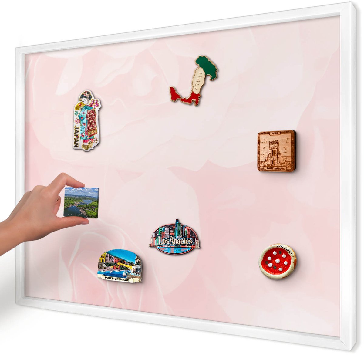 Artprintcave Roze Magneetbord mit Witte Lijst - 70x50 cm - Delicaat Roze Magneetbord Voor Keuken - Minimalist Notitiebord - Bloemen En Planten