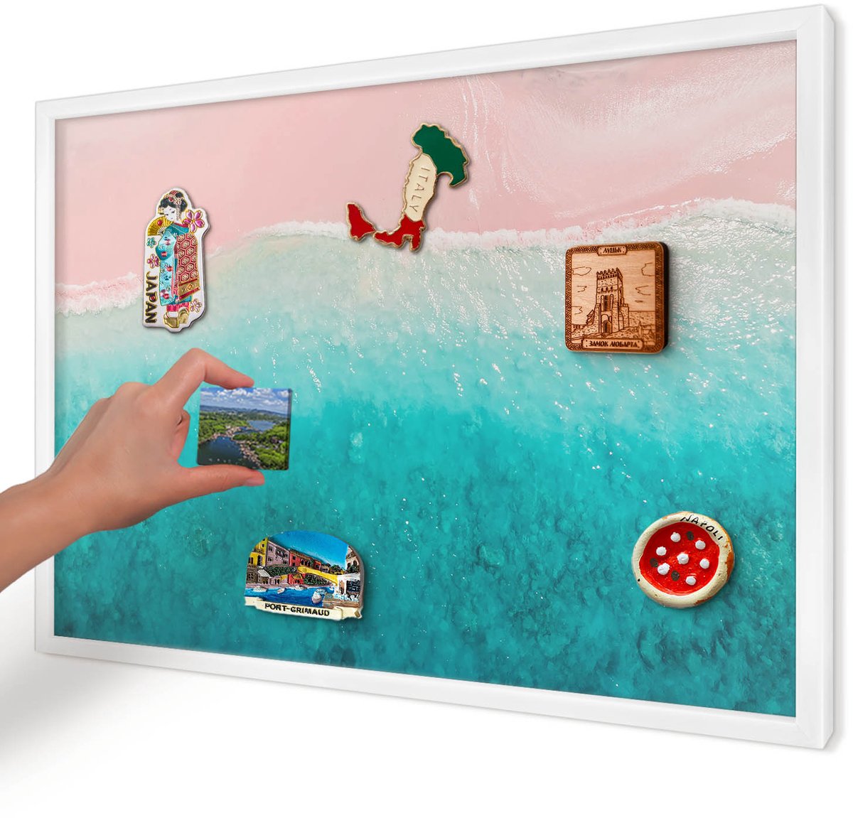 Artprintcave Roze Magneetbord mit Witte Lijst - 60x40 cm - Zomerse Ontspanning Memobord Keuken - Fotografisch Magneetbord Voor Keuken - Landschappen