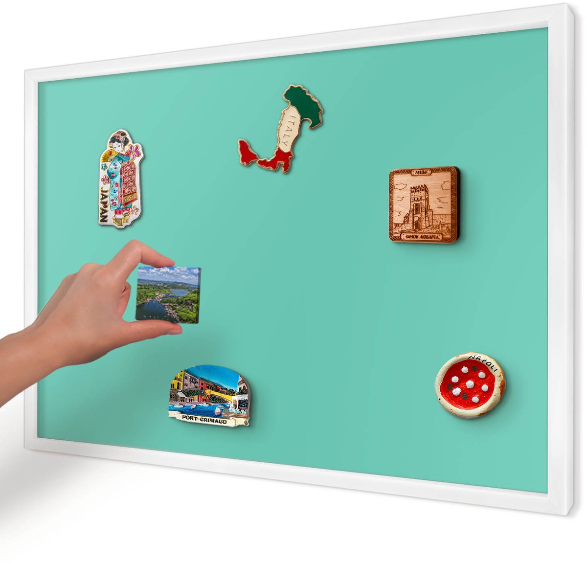 Artprintcave Turkoois Magneetbord mit Witte Lijst - 60x40 cm - Sterke Munt Magneet Bord mit Frame - Minimalist Magnetisch Bord Voor Magneten - Achtergronden En Patronen