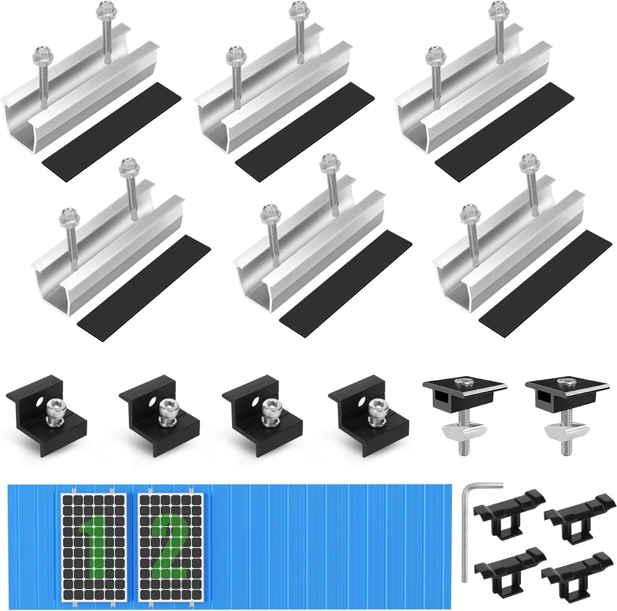 SnelShoppen - PV Montageset voor Zonnepanelen, Houder voor 2 Modules, 12cm Zilveren Rail + Waterafvoer, Clips 30 mm + Verstelbare Klem voor 30-35 mm D