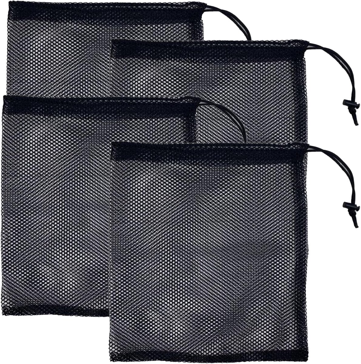 SnelShoppen - 4 mesh zakken met trekkoord, net strandtas, zwarte nylon mesh tas, organiser voor strandbenodigdheden, geschikt voor buiten, strand, zwe