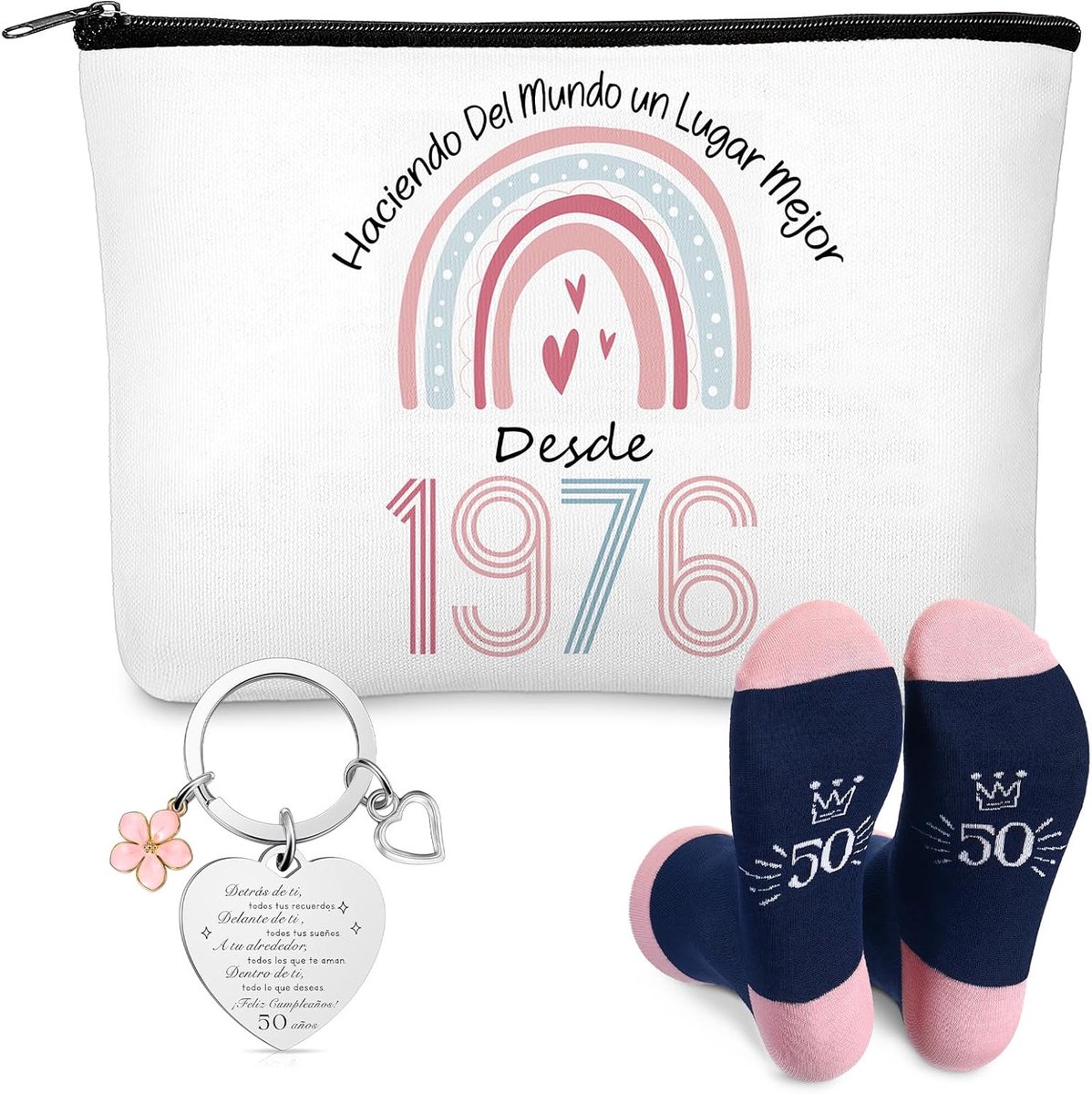 SnelShoppen - Make-up Tas Set voor Vrouwen - Toilettas met Sleutelhanger en Sokken - Verjaardagscadeau voor Mama, Vriendin en Collega - Regenboog, Wit