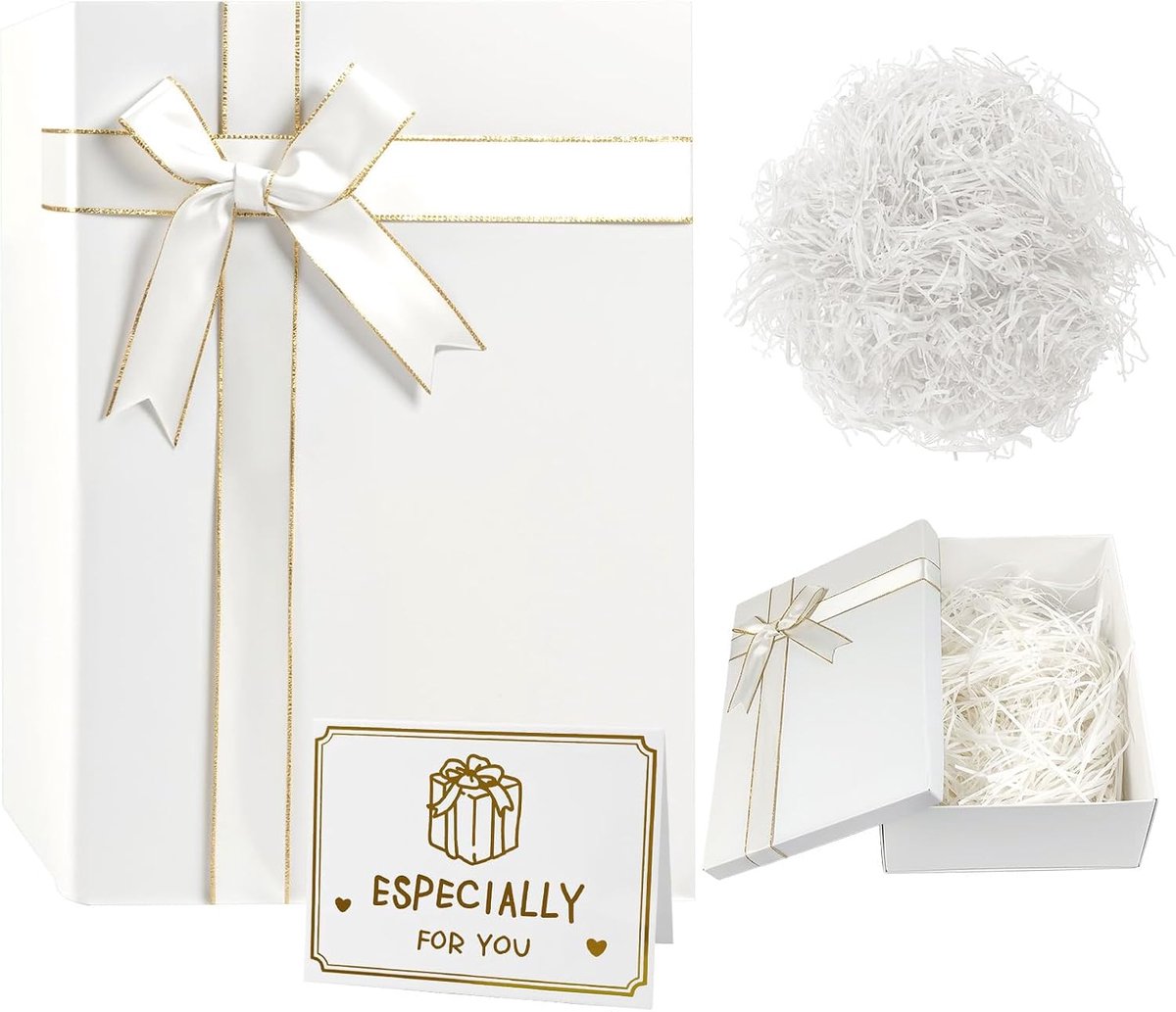 SnelShoppen - Luxe Geschenkdoos met Deksel 28 x 20 x 9 cm - Grote Opvouwbare Verpakking met Strik, Wenskaart en Papieren Snippers - Perfect voor Verja