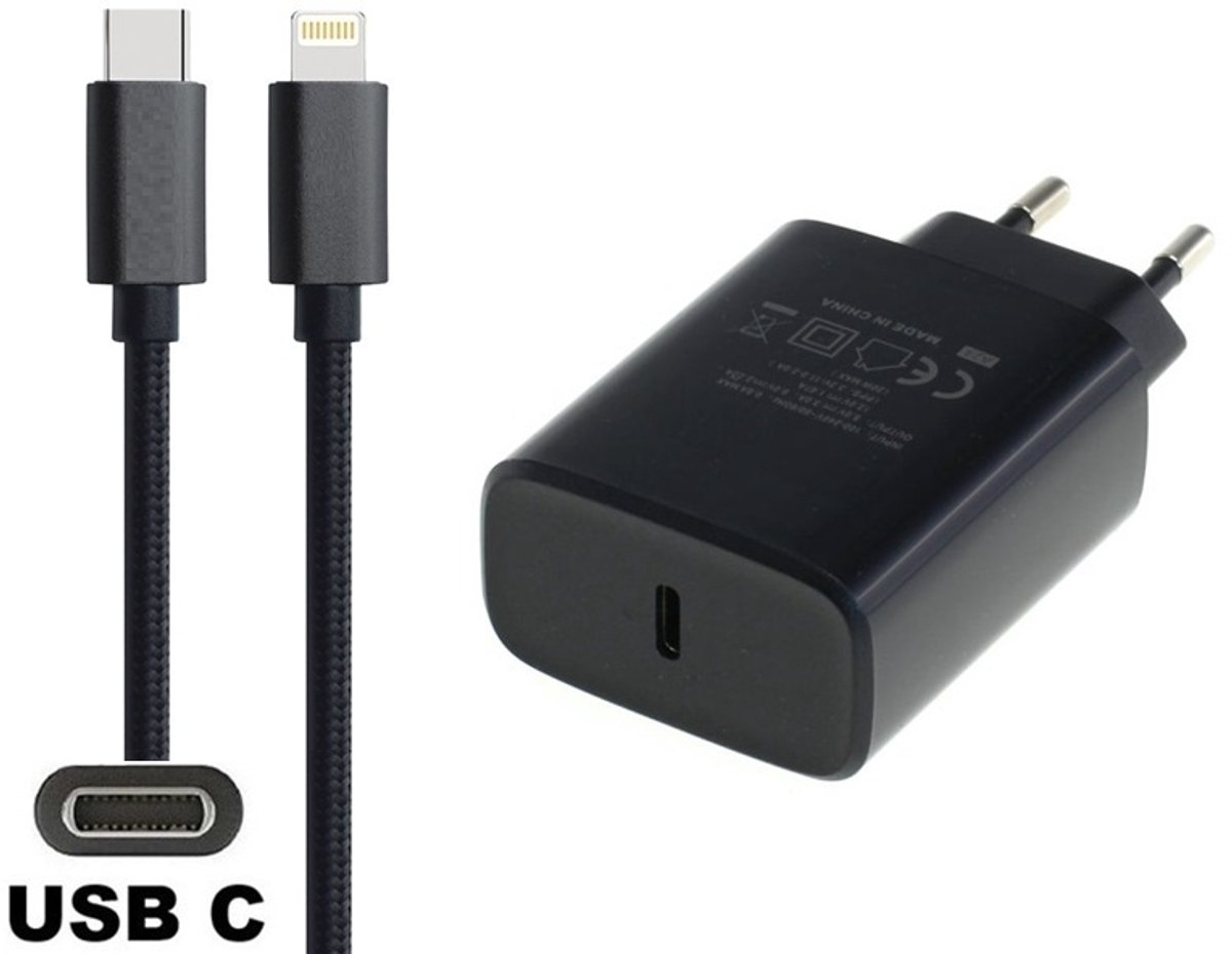 OneOne 20W snellader en screenprotector van glas voor iPhone 13 Pro Max en iPhone 14 Plus + 1,5m USB C naar Lightning kabel. PD lader. Universele oplader adapter. Glazen screenprotector past op Apple iPhone 13 Pro Max & iPhone 14 Plus