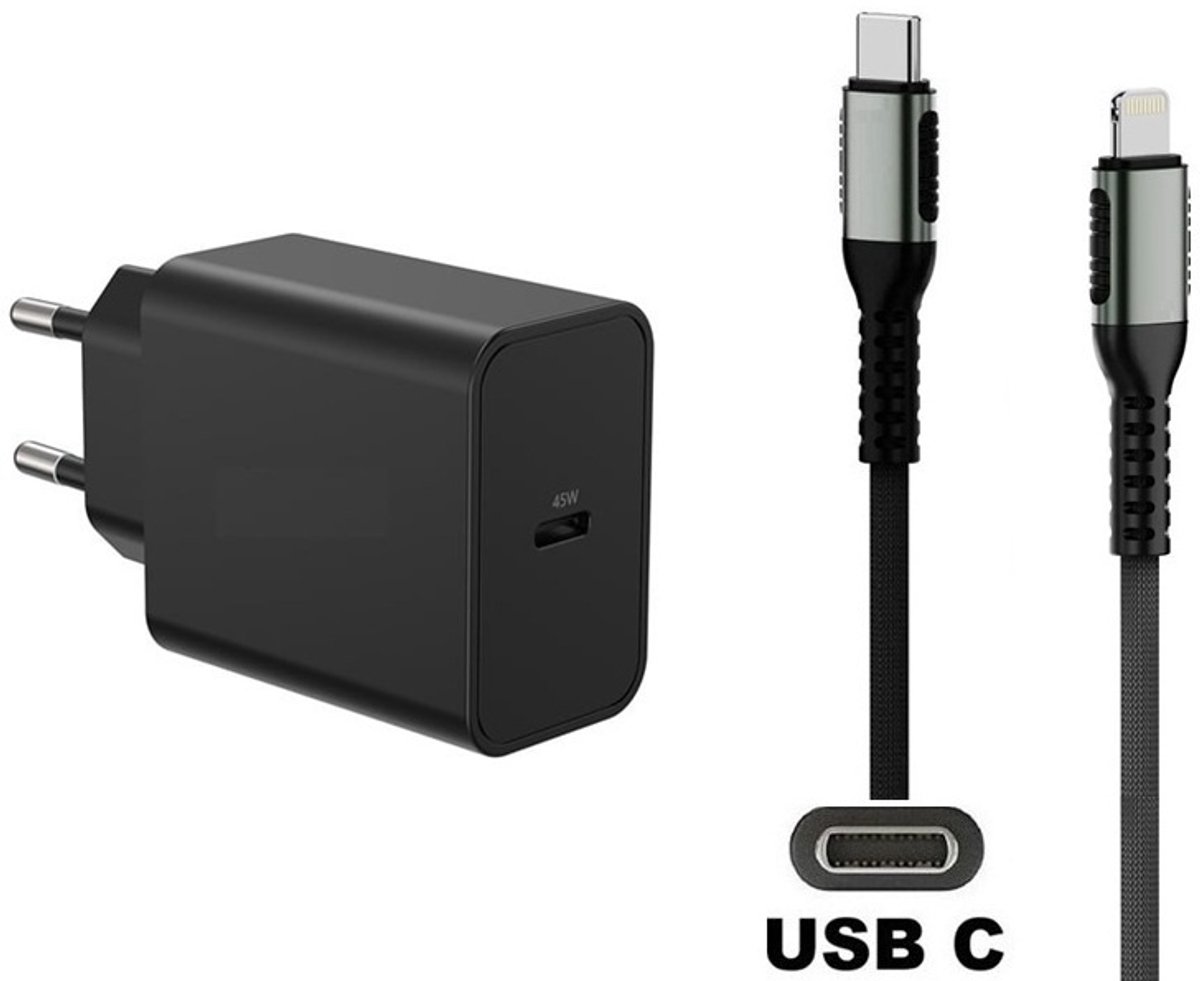 OneOne 45W super snellader en screenprotector van glas voor iPhone 13 Pro Max en iPhone 14 Plus + 0,25m USB C naar Lightning kabel. PD lader. Universele oplader adapter. Glazen screenprotector past op Apple iPhone 13 Pro Max & iPhone 14 Plus