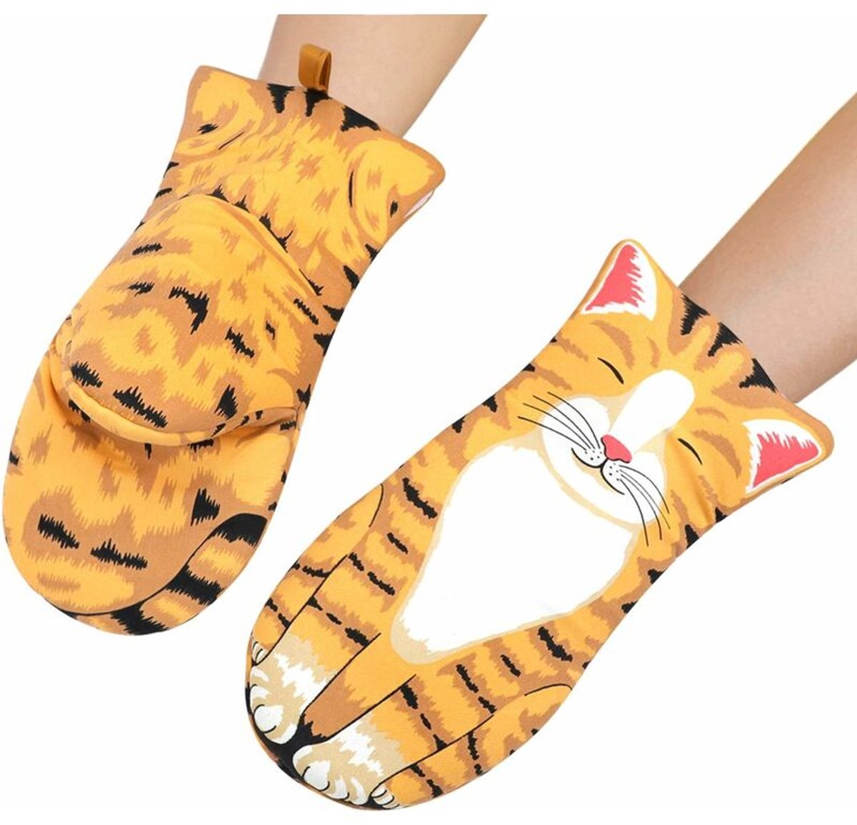 1 paar ovenhandschoenen, hittebestendig tot 200°C, katoenen grillhandschoenen, ovenhandschoenen voor de barbecue, pannenlappen, keukenhandschoenen, ovenhandschoenen met kattenprint