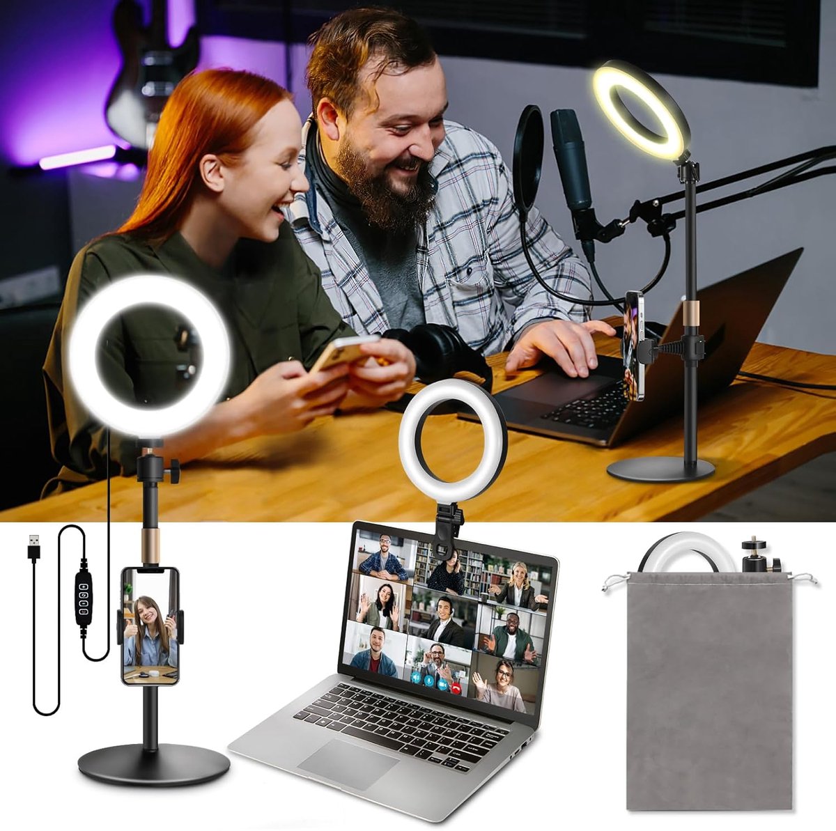 SnelShoppen - Railee Ringlamp 6 inch LED Ringlicht met Statief en Clip - Dimbare Tafelringlicht voor Videoconferentie, Vlog, Make-up en Streaming - Ge