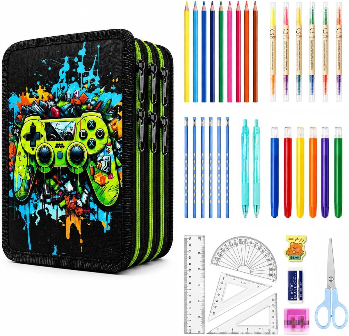 Thijox - 41 Delige Etui met 3 Compartimenten voor Basisschool, Inclusief Kleurpotloden, Draaikrijtjes, Markeerstiften, Schaar en Meer - Perfect Cadeau