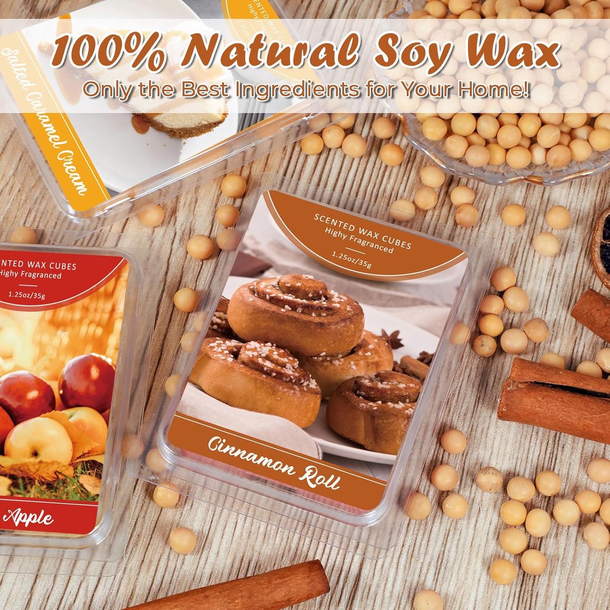 SnelShoppen - Geurende Soy Wax Melts en Blokken - Huisgeur, Kaars Smelt, 6 Stuks, Ginnamon Roll, Salted Caramel Cream, Marshmallow Dreams, Sicilian Le
