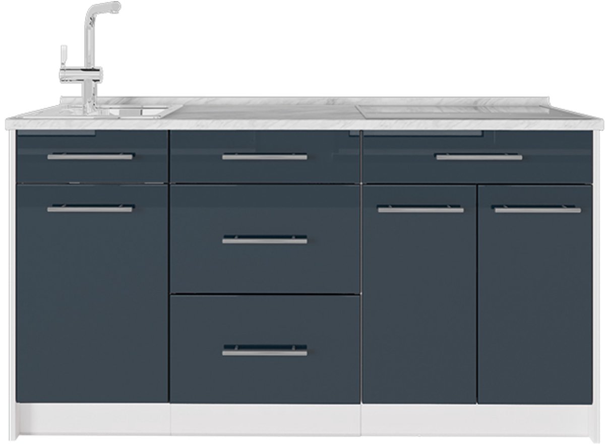 Vicco Keukenblok Fame-Line, Donkerblauw hoogglans/Wit, 150 cm, WB Marmer