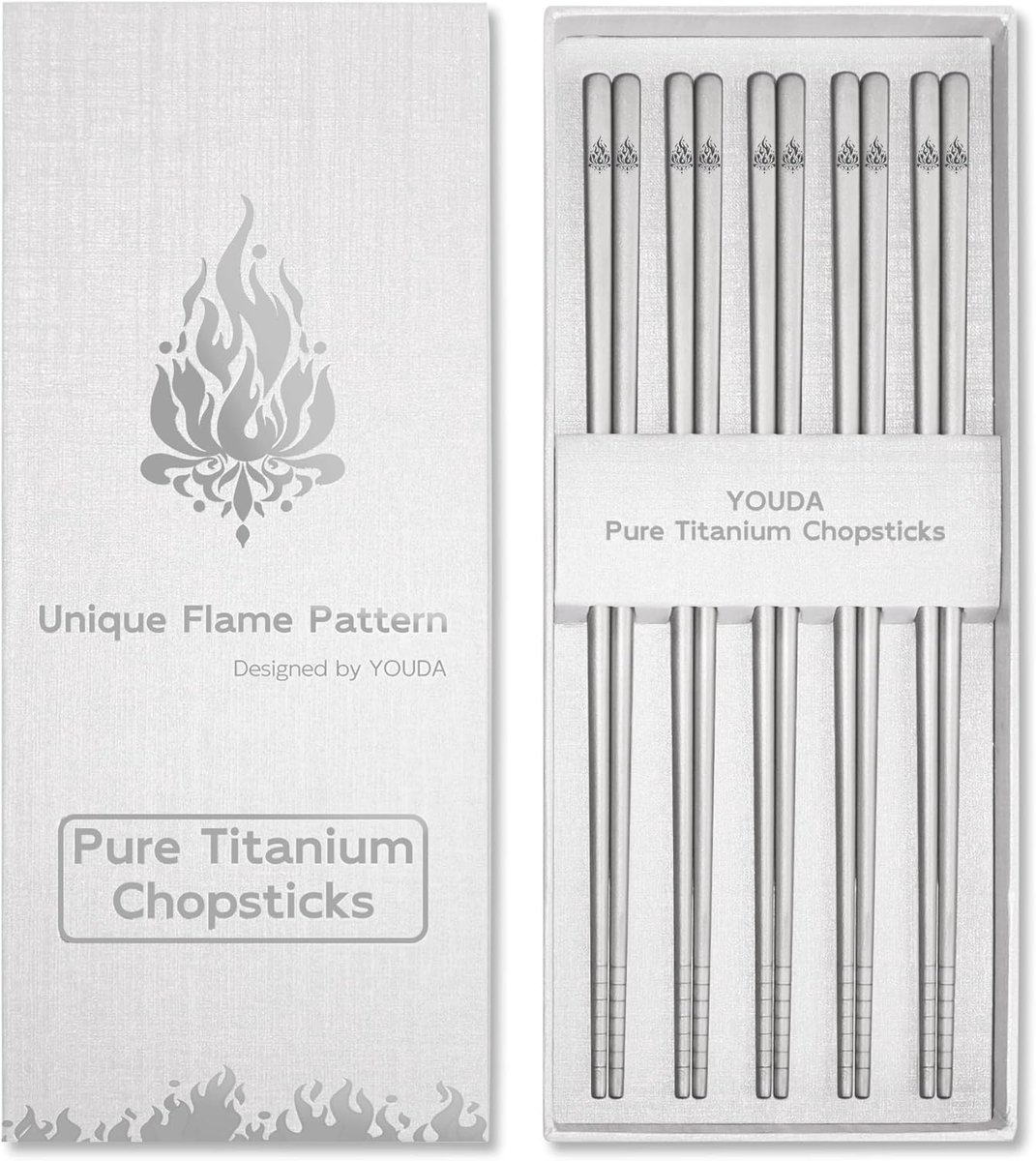 SnelShoppen - 5 Paar Pure Titanium Chopsticks - 24cm Extra Lange Antiroll Design & Groef Grip - Lichtgewicht (0.8 oz) - Vlam Motief - Vaatwasserbesten