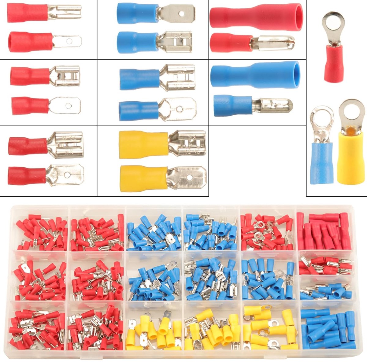 SnelShoppen - 350 Pcs Kabelogen Set, 19 Types, Geïsoleerde Flat Plugs, Crimp Connectors, Auto Elektrische Connectoren, Rood Blauw Geel, Voor Snel Verb