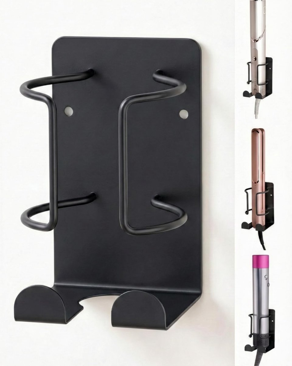 SnelShoppen - Airwrap houder zonder boren, roestvrij staal, stijltanghouder, hittebestendig, waterdicht, zwart voor badkamer, ruimtebesparend, elegant