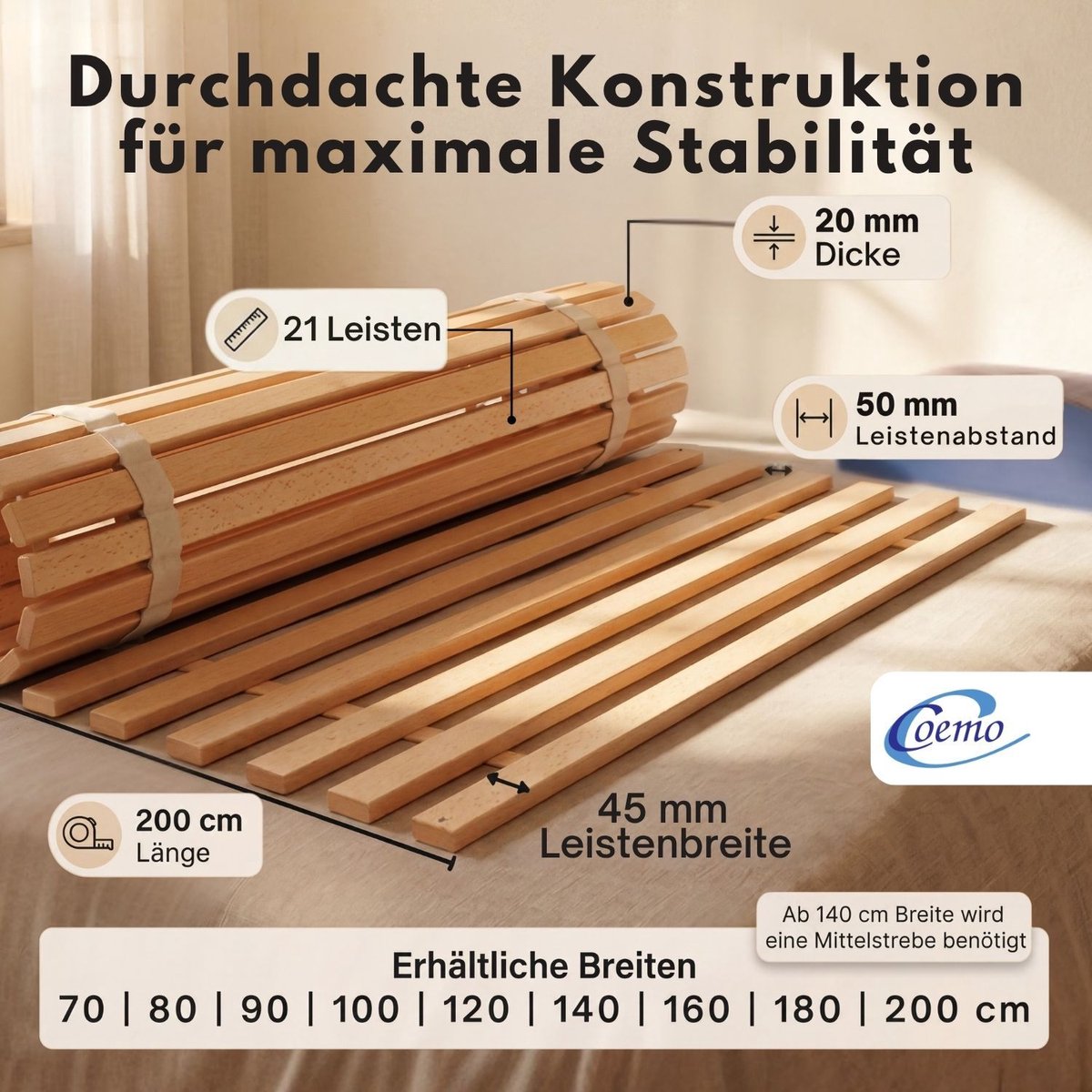 Coemo oprolbare lattenbodem 80 x 200 cm - van beukenhout – extra stevig – 21 latten, hoog draagvermogen – belastbaar tot 350 kg – geen montage nodig