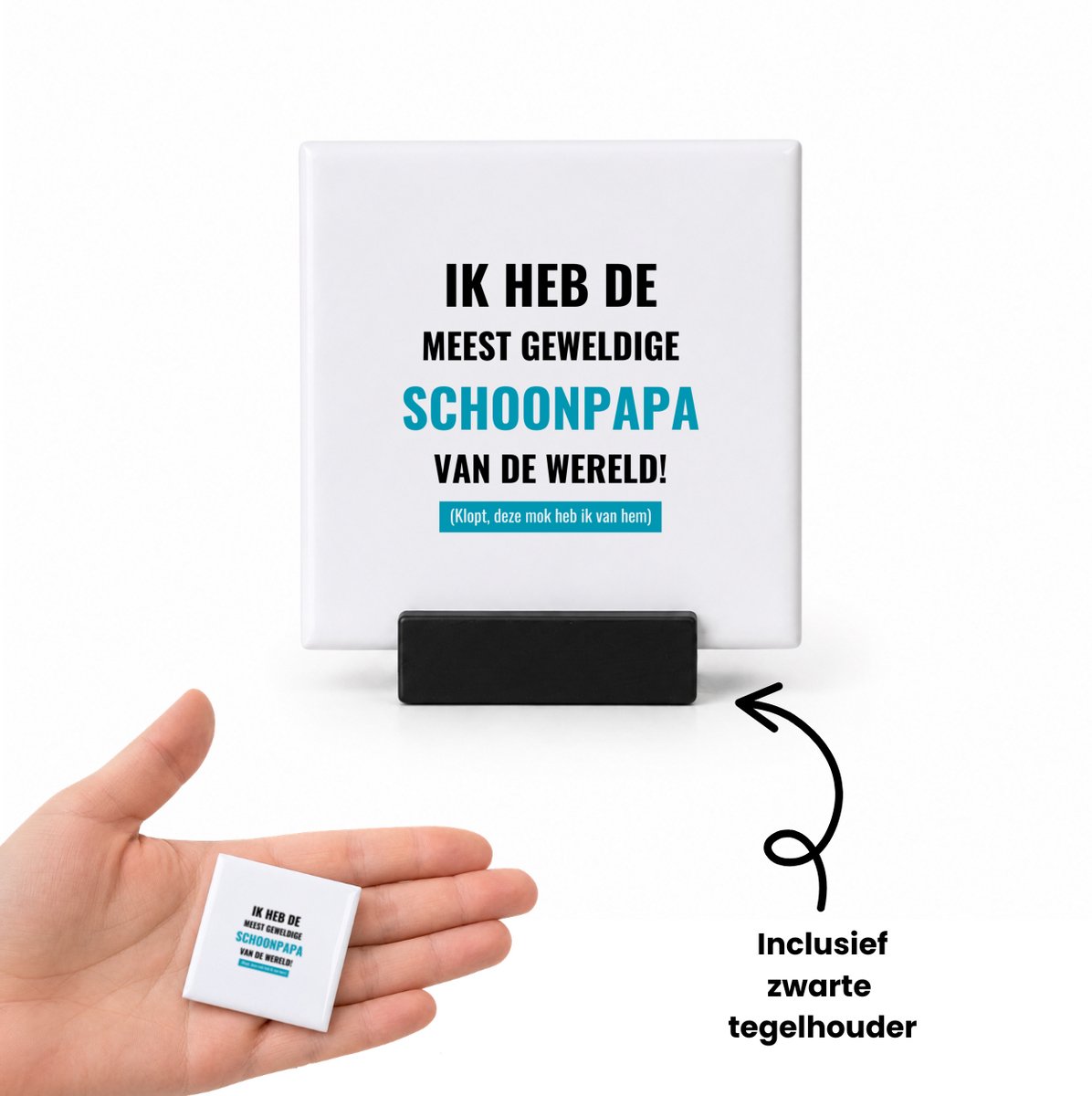 Hacebo ik heb de meest geweldige schoonpapa van wereld (klopt, deze mok heb ik van hem) tegeltje met tegelhouder - de meest geweldigste schoonvader - tegeltjes met tekst - vader cadeautjes - vaderdag - spreuktegels - 4.8x4.8 CM Wit