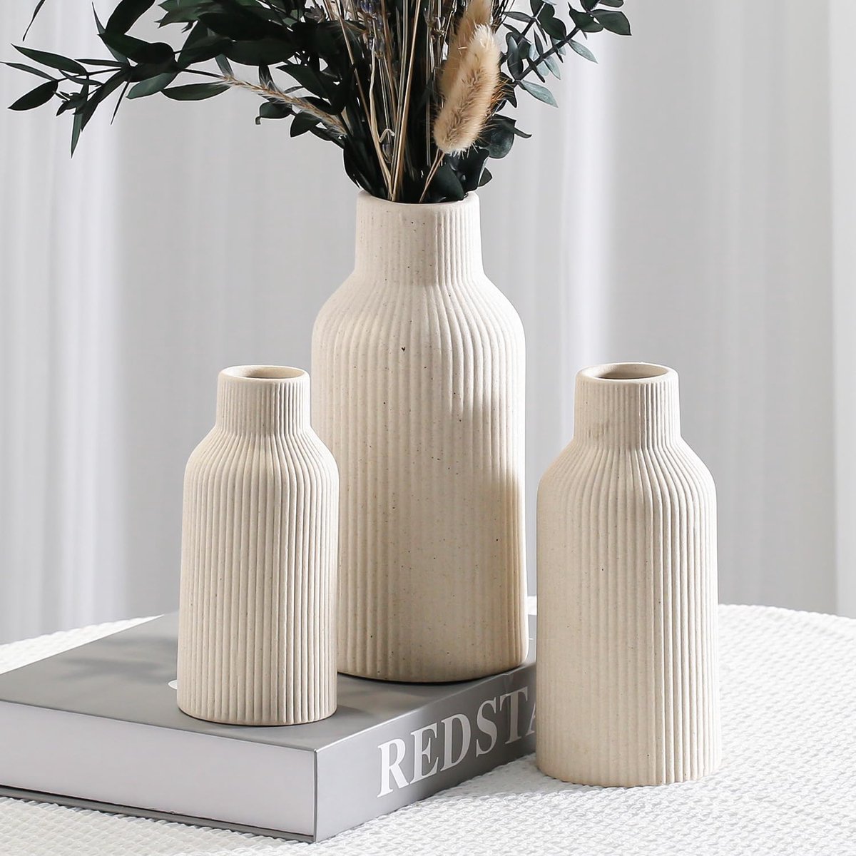 SnelShoppen - Bohemian Beige Keramische Vaas Set van 3 - Minimalistisch Design voor Pampasgras, Woonkamer, Mantel, Boekenplank en Entree Decoratie