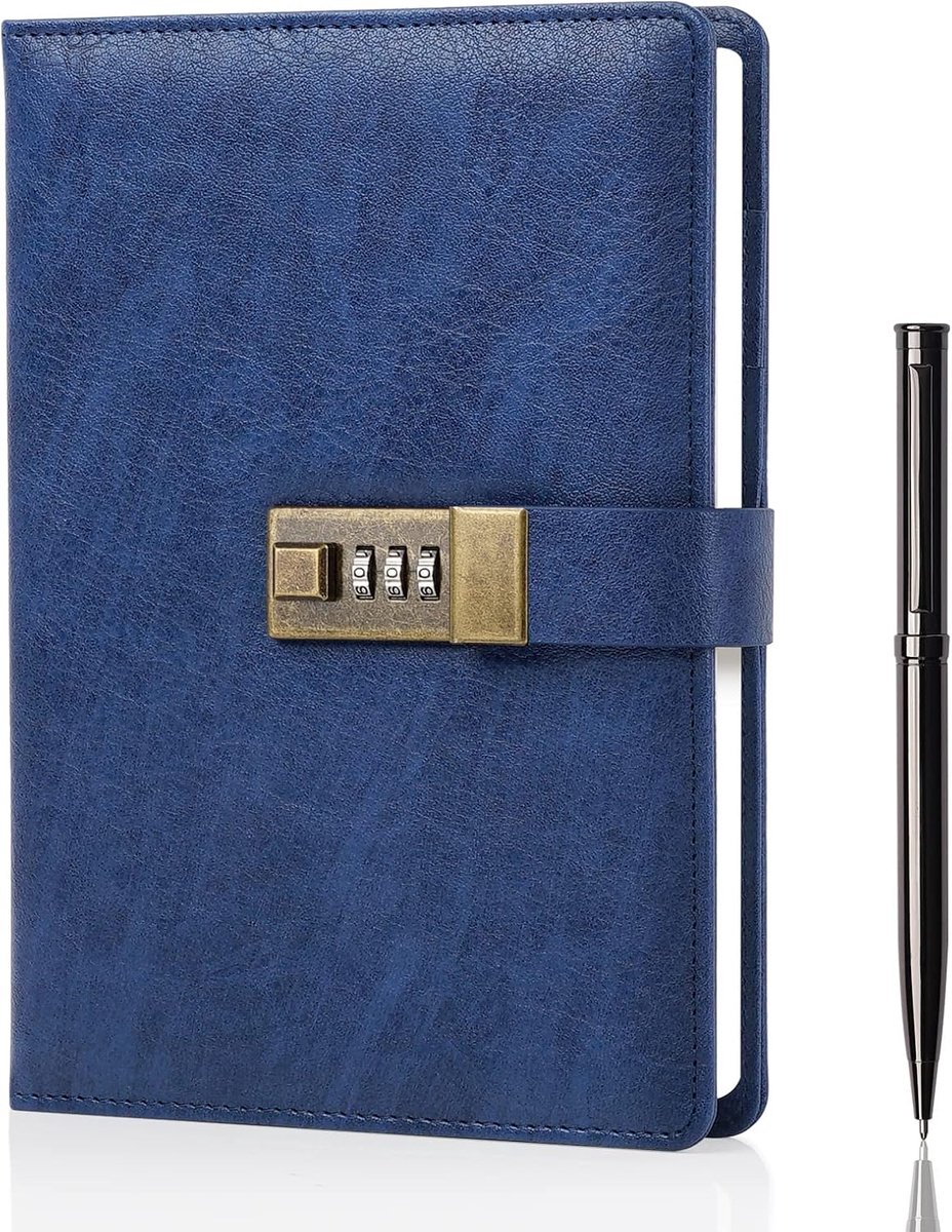 SnelShoppen - Lockable Diary A5 met Vintage Slot, PU Leder Dagboek met 240 Pagina's, Blauw, Inclusief Pen en Cadeau Doos voor Persoonlijk Gebruik of G