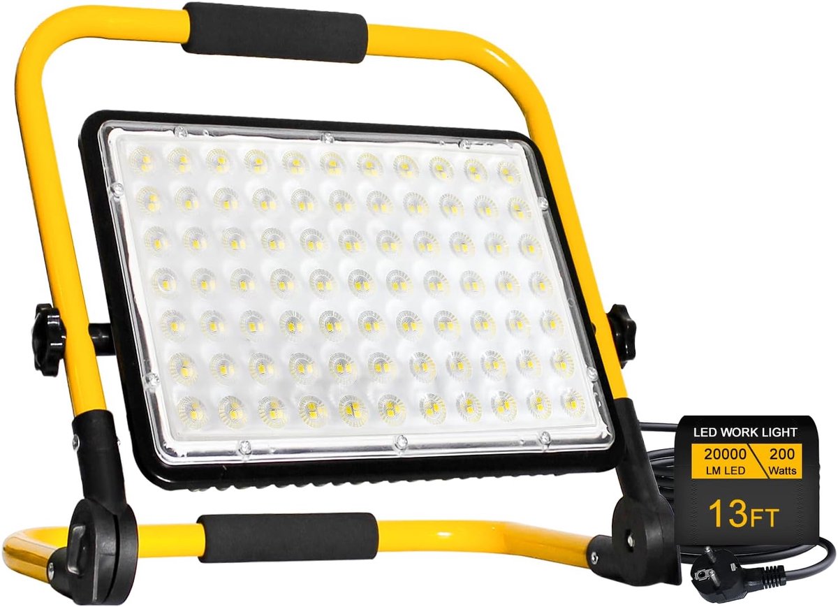SnelShoppen - 200W LED Bouwspotlight met Statief, 6500K Werklicht, 4 m Kabel, IP66 Waterdichte Floodlight voor Werkplaats, Bouwlocatie, Garage, Auto I