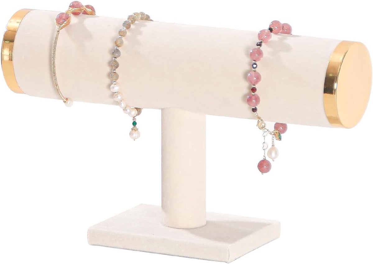 SnelShoppen - T-Bar Bracelet Holder - Sieradenstandaard voor Horloges en Kleine Sieraden, Beige - Compacte Organiser voor Meisjes, 14.5x9.5x8 cm