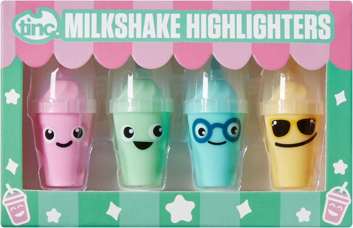 Thijox - Milkshake Vormige Gekleurde Markeerstiften voor Kinderen | 4 Funky Kleuren - Geel, Groen, Blauw, Roze | Ideaal voor School en Huiswerk