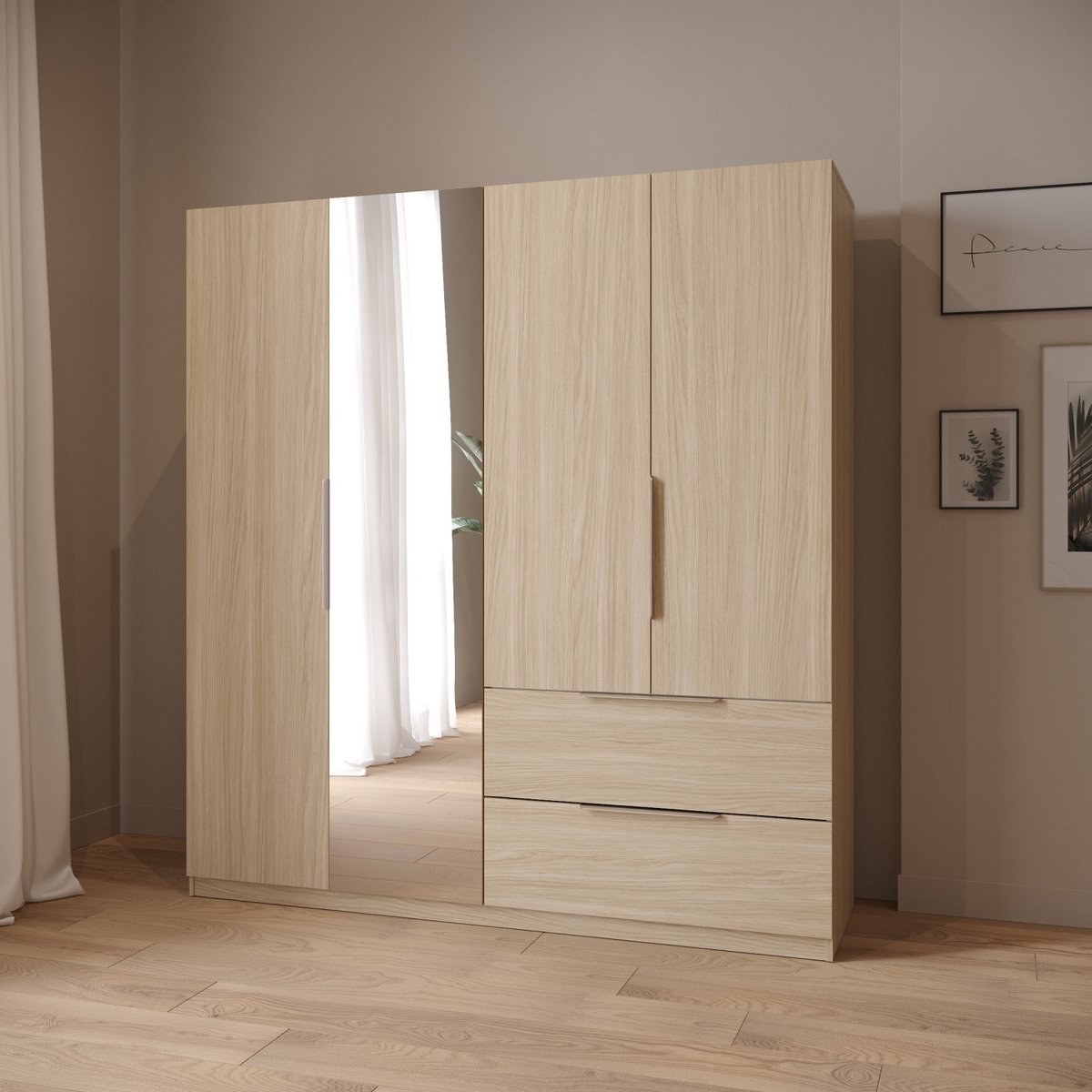 CBA MERYL kledingkast - 4 deuren - 1 spiegeldeur - 2 laden - 2 kledingroedes - 4 legplanken - Lichte eik - 179 x 52 x 193 cm