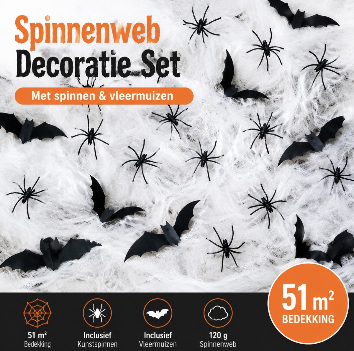 Spinnenweb Halloween – Halloween Decoratie Spinnenweb met Kunstspinnen & Vleermuizen – Wit – 120 g – Bedekt tot 51 m² – Halloween Versiering