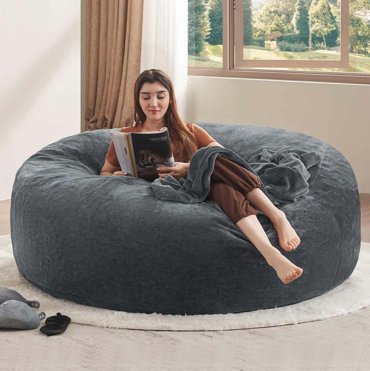 MODENUIT Zitzak 150 x 150 x 60 cm - Loungestoel en Tijdelijk Logeerbed - Voor Binnen - Schuim Donkergrijs