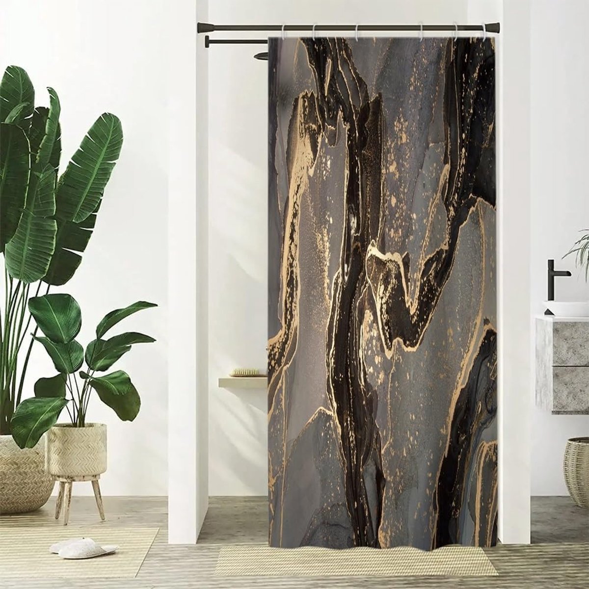 SnelShoppen - Douchegordijn Zwart Goud Smal 90 x 180 cm Schimmelbestendig Marmer Look Grijs Bruin Modern Wasbaar Waterdicht met 6 Haakjes voor Badkame