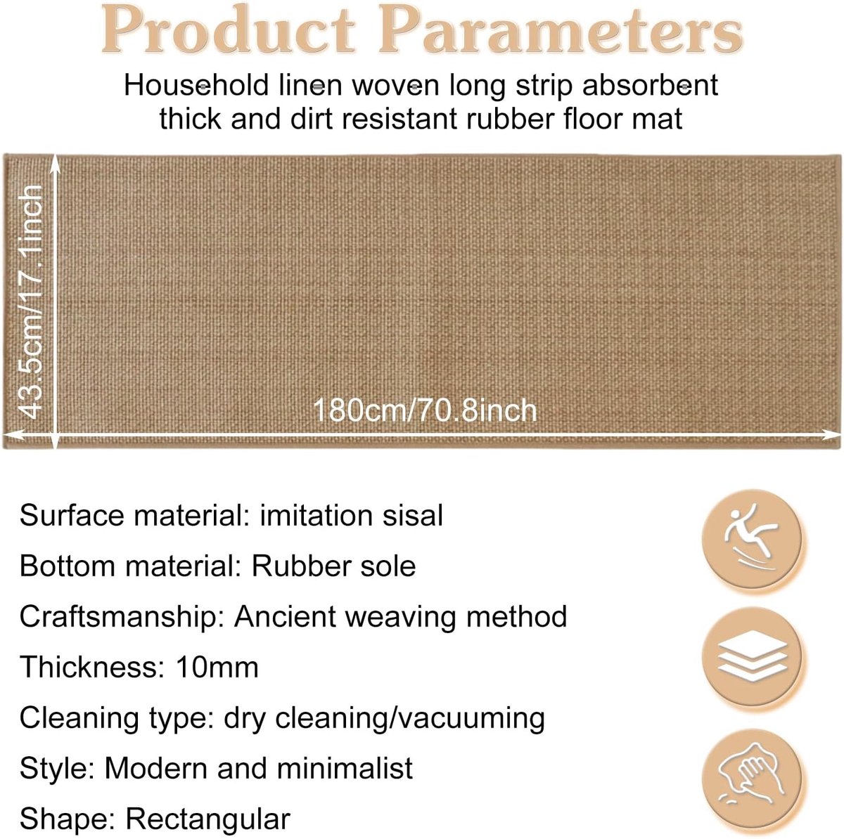 SnelShoppen - 43.5 x 180 cm Keukenloper, Wasbaar, Antislip, Bruin, Absorberend, Woven Hallway Runner voor Keuken, Hal, Woonkamer